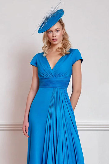 Mousseline de soie Bleu Une ligne V Col Plissé Robe Mère de la Mariée